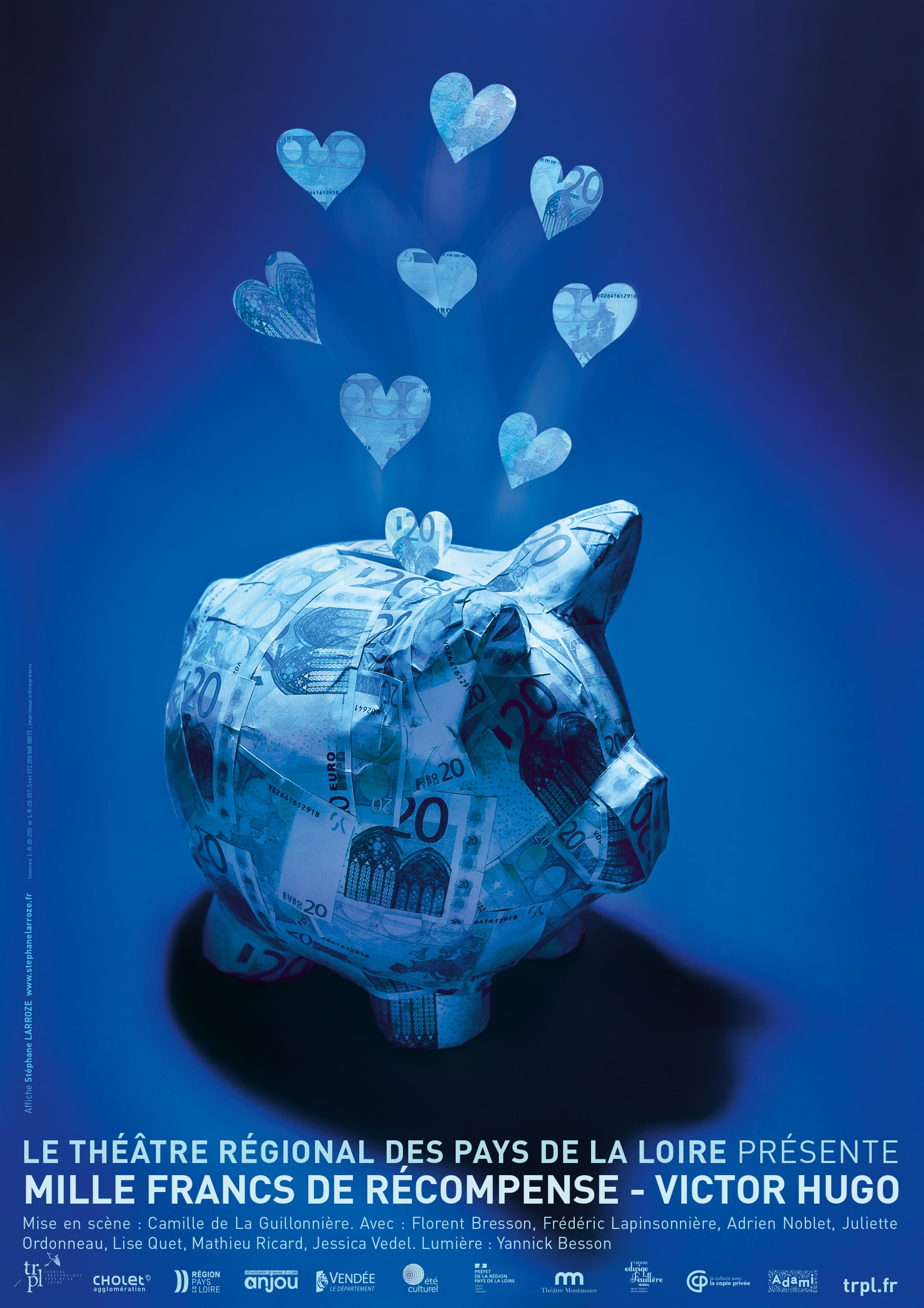 Affiche dans les tons bleus avec une tirelire cochon au centre dont sortent plusieurs cœurs en papier journal
